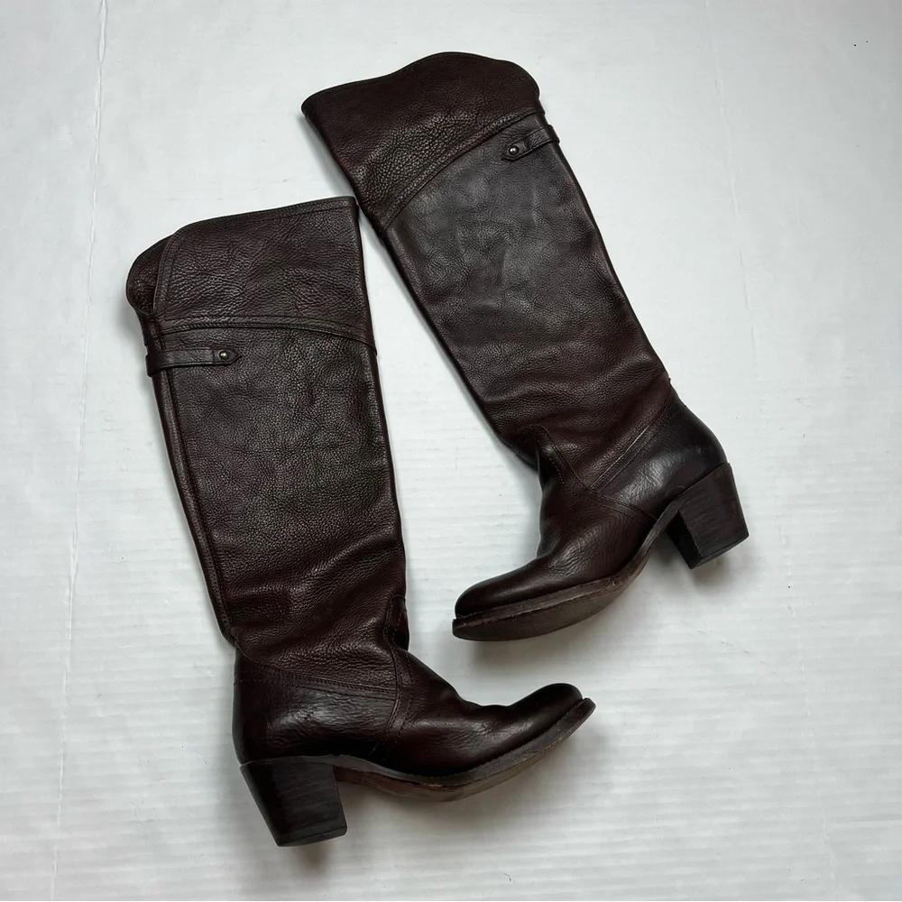 FRYE 77595 JANE TALL CUFF BROWN LEATHER BOOTS 7